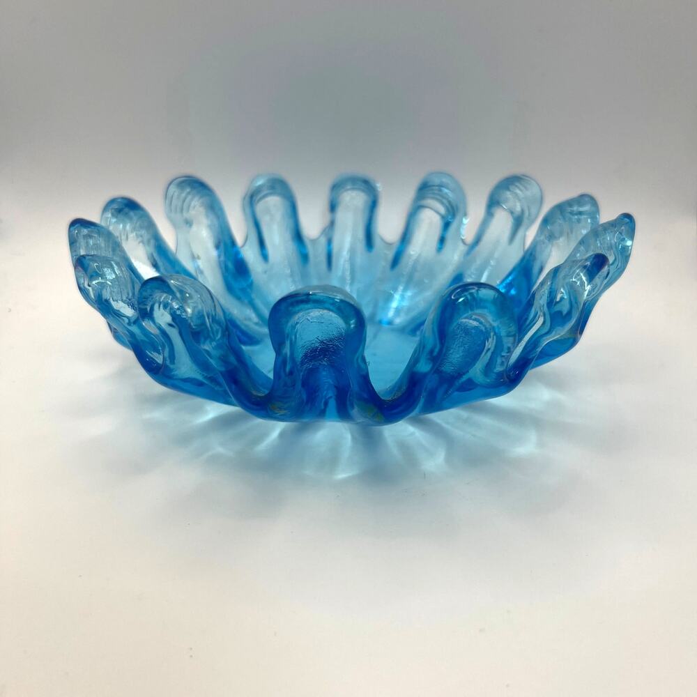 Vintage Mid Century Light Aqua Blue Slag Swung Glass Petal Bowl Candy Dish Art